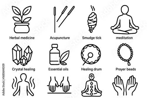 Cultural Healing Icons. Outline icon set of cultural healing practices: herbal medicine, acupuncture needles,