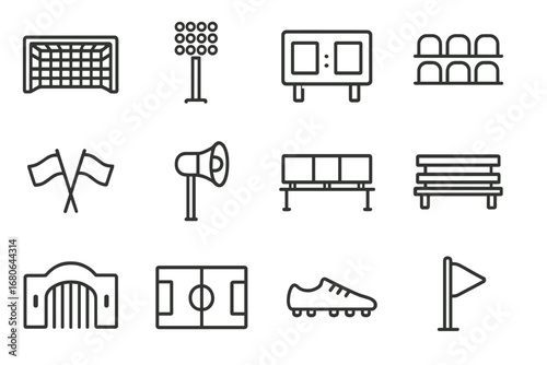 Soccer Stadium Icons. Outline icon set of soccer stadium elements: goal net, floodlights, scoreboard, seats,