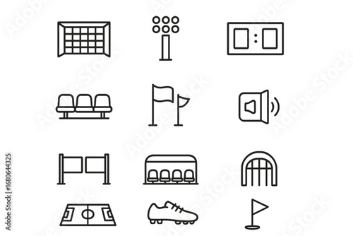 Soccer Stadium Icons. Outline icon set of soccer stadium elements: goal net, floodlights, scoreboard, seats,