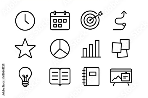Future Planning Icons. Outline icon set of future planning: clock, calendar, target icon, arrow path, star,