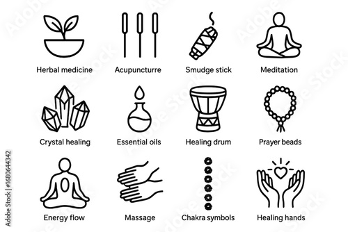 Cultural Healing Icons. Outline icon set of cultural healing practices: herbal medicine, acupuncture needles,