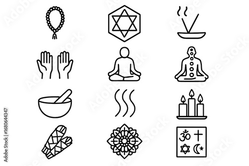 Spiritual Healing Icons. Outline icon set of spiritual healing tools: prayer beads, sacred geometry, incense