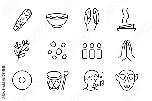 Ritual Cleansing Icons. Outline icon set of ritual cleansing: smudge stick, water bowl, feathers, incense