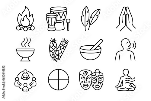 Healing Ceremony Icons. Outline icon set of healing ceremonies: fire pit, drums, feathers, prayer hands, smoke
