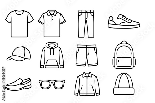 Men's Casual Wear Icons. Outline icon set of men’s casual wear: T-shirt, polo shirt, jeans, sneakers, baseball