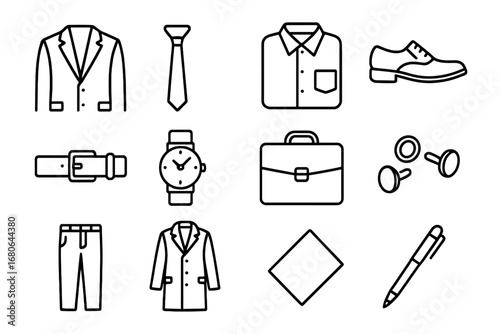 Men's Business Attire Icons. Outline icon set of business attire for men: suit jacket, tie, dress shirt,