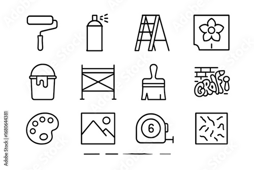 Mural Tools Icons. Outline icon set of wall murals and large-scale art installations: paint roller, spray can,
