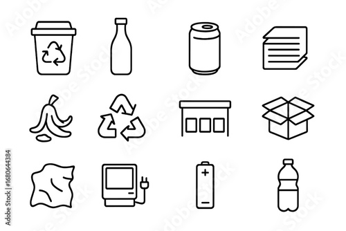 Recycling Icons Grid. Outline icon set of recycling education: recycling bin, glass bottle, aluminum can,