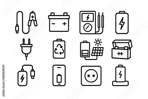 Battery Maintenance Icons. Outline icon set of battery maintenance: charging cable, battery pack, multimeter,