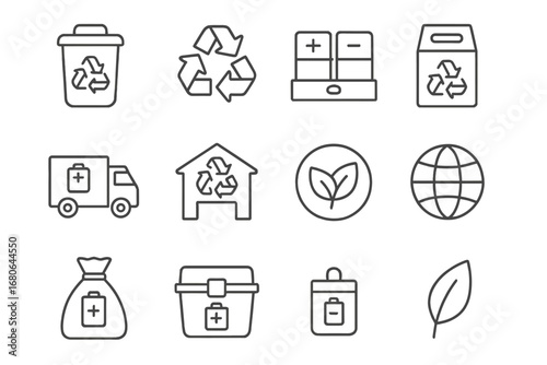 Battery Recycling Icons. Outline icon set of battery recycling: recycle bin, recycling arrows, sorting station