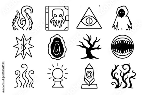 Eldritch Horror Icons. Outline icon set of eldritch horrors: tentacles, ancient book, eye symbol, eldritch
