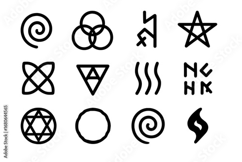 Eldritch Symbol Icon Set. Outline icon set of eldritch symbols and sigils: spiral rune, interlocking circles,