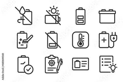 Battery Care Icons. Outline icon set of battery lifespan care: keep dry icon, avoid heat icon, partial