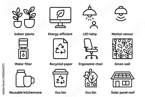 Sustainable Office Icons. Outline icon set of sustainable office design: indoor plants, energy-efficient
