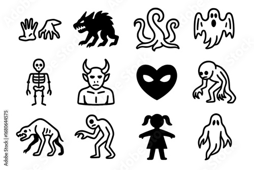 Eldritch Minion Icons. Outline icon set of eldritch horror minions: crawling hands, shadow beasts, tentacle