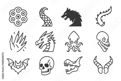 Eldritch Beasts Icons. Outline icon set of eldritch beasts: multi-eyed monster, scaly tentacle, shadow wolf,