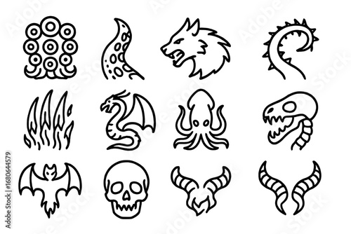 Eldritch Beasts Icons. Outline icon set of eldritch beasts: multi-eyed monster, scaly tentacle, shadow wolf,