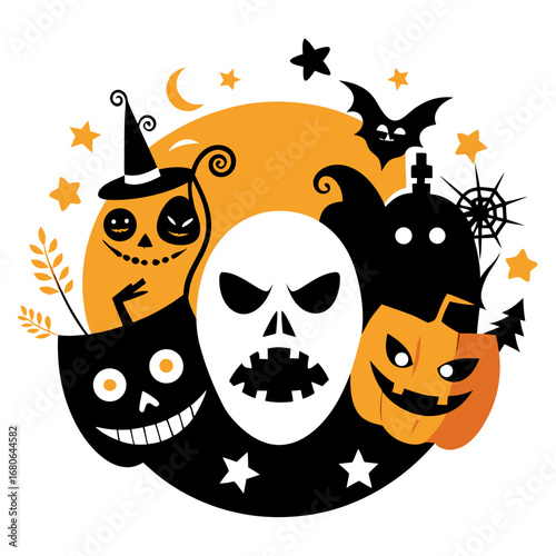 Happy and Sad Theatrical Masks with Halloween Elements – Dramatic Modern Spooky Vector Illustration