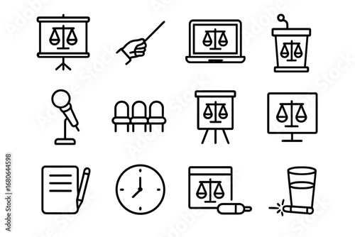 Legal Presentation Icons. Outline icon set of legal presentations: projector screen, pointer, laptop, podium,