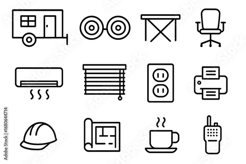 Site Office Icon Set. Outline icon set of temporary site office trailer: portable office, trailer wheels,