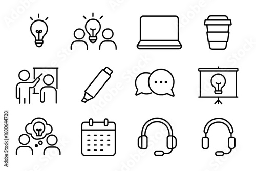 Creative Meeting Icons. Outline icon set of creative professionals discussing ideas in meetings: light bulb,