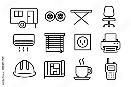 Site Office Icon Set. Outline icon set of temporary site office trailer: portable office, trailer wheels,