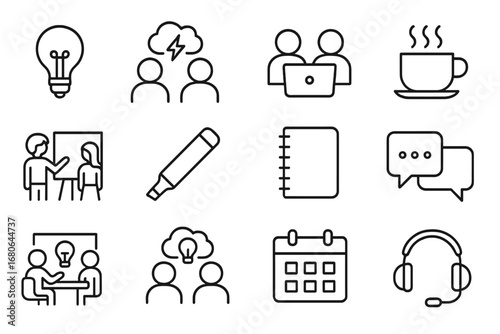 Creative Meeting Icons. Outline icon set of creative professionals discussing ideas in meetings: light bulb,