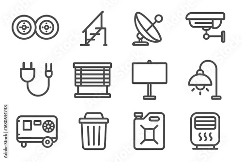 Mobile Office Trailer Icons. Outline icon set of mobile office trailer exterior features: wheels, retractable