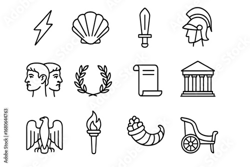 Roman Mythology Icon Set. Outline icon set of Roman mythology myths: Jupiter lightning bolt, Venus shell, Mars