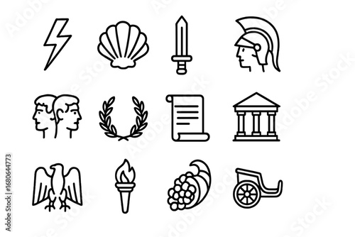 Roman Mythology Icon Set. Outline icon set of Roman mythology myths: Jupiter lightning bolt, Venus shell, Mars