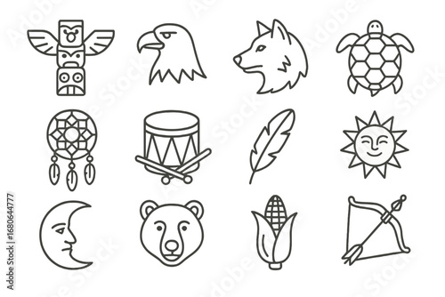 Native Mythology Icons. Outline icon set of Native American mythology tales: totem pole, eagle, wolf, turtle,
