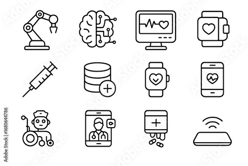 Healthcare Automation Icons. Outline icon set of healthcare automation: robotic arm, AI brain, patient monitor