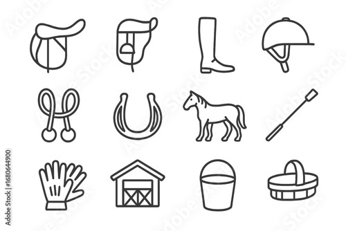 Horseback Riding Icons. Outline icon set of horseback riding: saddle, bridle, riding boots, helmet, reins,