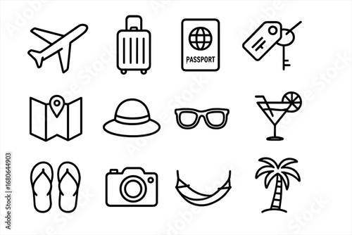 Spontaneous Getaway Icons. Outline icon set of spontaneous getaways: airplane, suitcase, passport, hotel key,