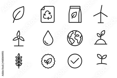 Eco Icons Grid. Outline icon set of eco product features: leaf, recycled paper, biodegradable packaging, solar