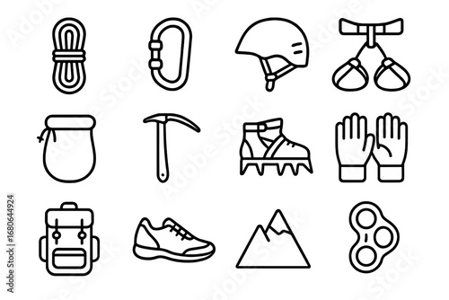 Mountain Climbing Gear Icons. Outline icon set of mountain climbing: climbing rope, carabiner, helmet, harness