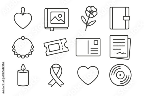 Sentimental Keepsakes Icons. Outline icon set of sentimental keepsakes: locket, photo album, pressed flower,
