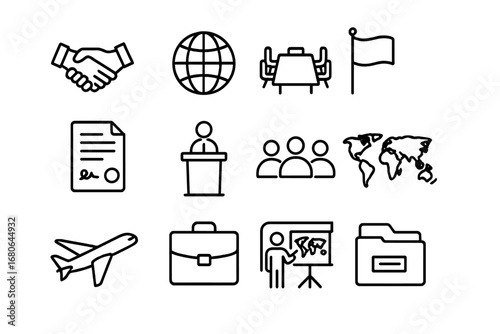Global Trade Icons. Outline icon set of international trade agreements and summits: handshake, globe,