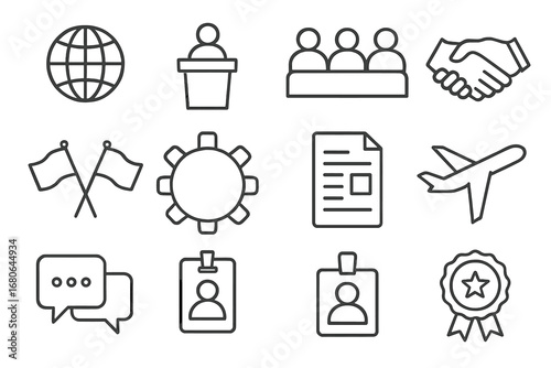 Multinational Summit Icons. Outline icon set of multinational summit symbols: globe, podium, delegates,