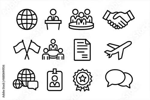 Multinational Summit Icons. Outline icon set of multinational summit symbols: globe, podium, delegates,