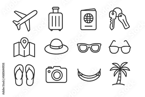 Spontaneous Getaway Icons. Outline icon set of spontaneous getaways: airplane, suitcase, passport, hotel key,