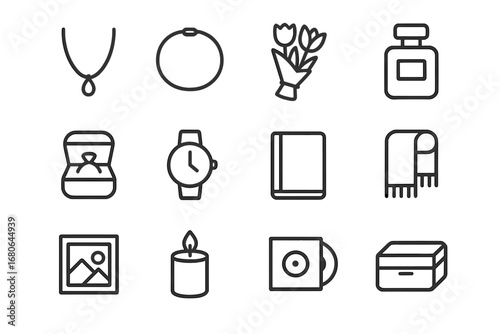 Meaningful Gift Icons. Outline icon set of meaningful gifts: necklace, bracelet, flower bouquet, perfume