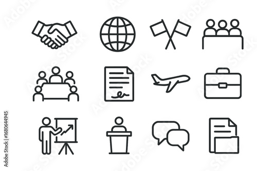 Global Negotiation Icons. Outline icon set of global negotiation symbols: handshake, globe, flags, delegates,