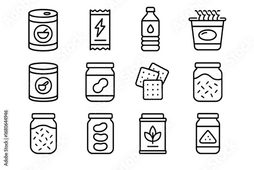 Emergency Food Icon Set. Outline icon set of emergency food storage: canned soup, energy bar, bottled water,