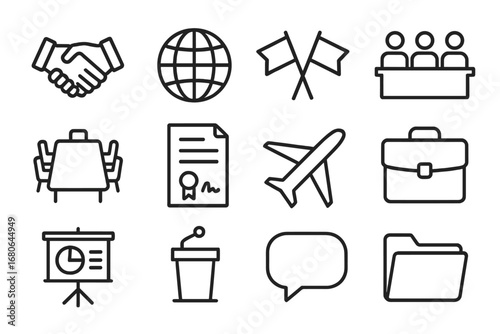 Global Negotiation Icons. Outline icon set of global negotiation symbols: handshake, globe, flags, delegates,