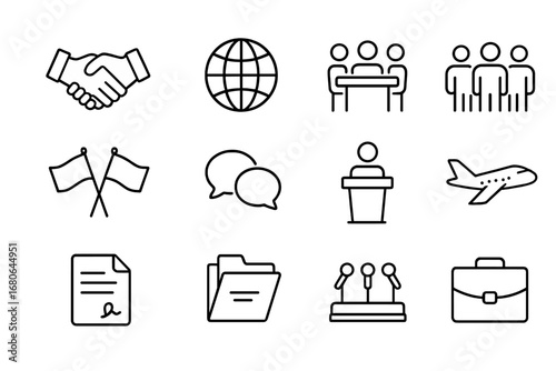 International Cooperation Icons. Outline icon set of international cooperation meetings: handshake, globe,