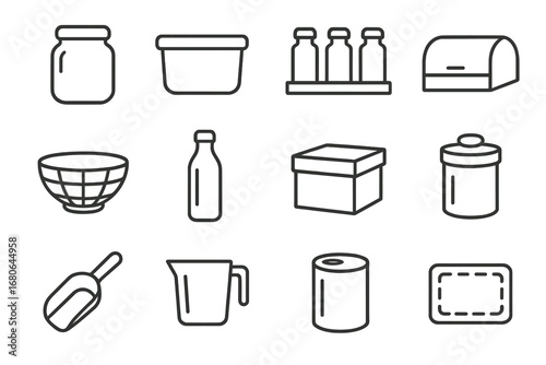 Kitchen Storage Icons. Outline icon set of kitchen storage essentials: glass jar, plastic container, spice