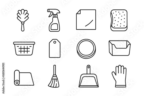 Pantry Cleaning Icons. Outline icon set of pantry cleaning and maintenance: duster, cleaning spray, cloth,