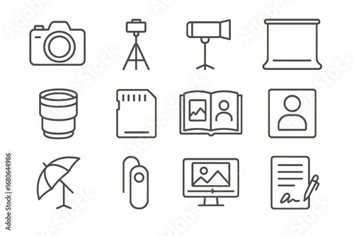 Custom Photo Session Icons. Outline icon set of personalized and custom photo sessions for clients: camera,
