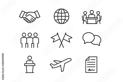 International Cooperation Icons. Outline icon set of international cooperation meetings: handshake, globe,